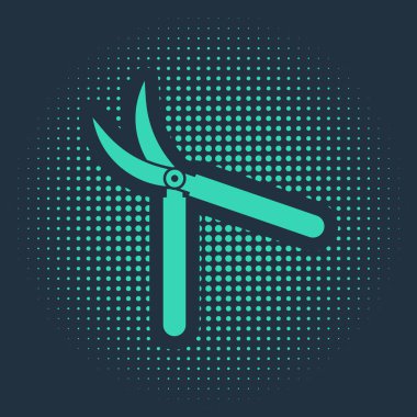 Mavi arkaplanda izole edilmiş simgeyi budamak için yeşil bahçe makası. Ahşap saplı budama makası. Soyut çember rastgele noktalar. Vektör İllüstrasyonu