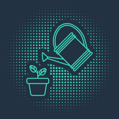 Yeşil sulama, bitkinin üzerine su damlalarını mavi arka planda izole edilmiş çömlek ikonunda püskürtebilir. Sulama sembolü. Soyut çember rastgele noktalar. Vektör İllüstrasyonu