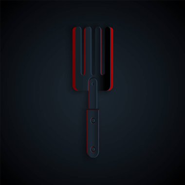 Kağıt kesiği bahçe çatalı simgesi siyah arkaplanda izole edilmiş. Pitchfork ikonu. Bahçecilik, tarım, çiftçilik aleti. Kağıt sanatı tarzı. Vektör İllüstrasyonu