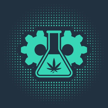 Mavi arka planda marihuana ya da kenevir yaprağı ikonu bulunan yeşil kimyasal test tüpü. Araştırma konsepti. Laboratuvar Cbd yağı konsepti. Soyut çember rastgele noktalar. Vektör İllüstrasyonu