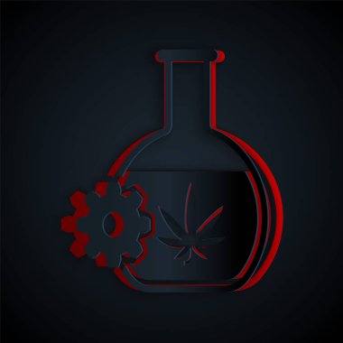 Kağıt, siyah arka planda marihuana ya da kenevir yaprağı ikonu ile kimyasal test tüpünü kesti. Araştırma konsepti. Laboratuvar Cbd yağı konsepti. Kağıt sanatı tarzı. Vektör İllüstrasyonu