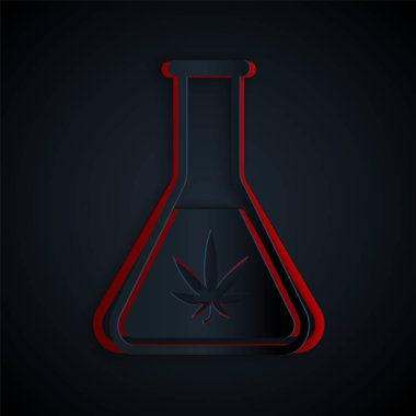 Kağıt, siyah arka planda marihuana ya da kenevir yaprağı ikonu ile kimyasal test tüpünü kesti. Araştırma konsepti. Laboratuvar Cbd yağı konsepti. Kağıt sanatı tarzı. Vektör İllüstrasyonu