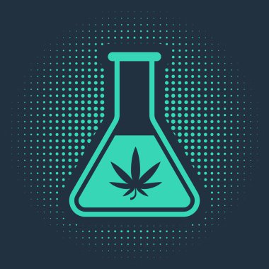 Mavi arka planda marihuana ya da kenevir yaprağı ikonu bulunan yeşil kimyasal test tüpü. Araştırma konsepti. Laboratuvar Cbd yağı konsepti. Soyut çember rastgele noktalar. Vektör İllüstrasyonu