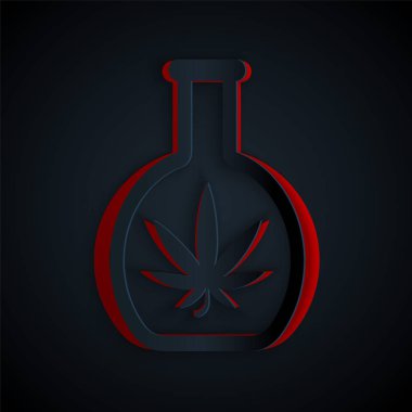 Kağıt, siyah arka planda marihuana ya da kenevir yaprağı ikonu ile kimyasal test tüpünü kesti. Araştırma konsepti. Laboratuvar Cbd yağı konsepti. Kağıt sanatı tarzı. Vektör İllüstrasyonu