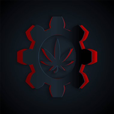 Kağıt, siyah arka planda marihuana ya da kenevir yaprağı ikonu ile kimyasal test tüpünü kesti. Araştırma konsepti. Laboratuvar Cbd yağı konsepti. Kağıt sanatı tarzı. Vektör İllüstrasyonu