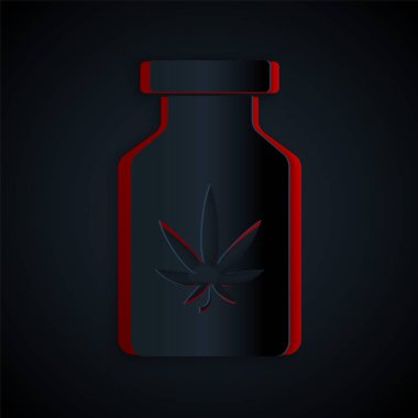 Siyah arka planda marihuana ya da kenevir yaprağı ikonu bulunan kağıt kesiği tıp şişesi. Kavanozlardaki kenevir yağı özlerini taklit et. Kağıt sanatı tarzı. Vektör İllüstrasyonu