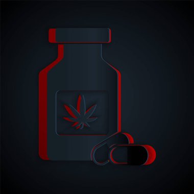 Siyah arka planda marihuana ya da kenevir yaprağı ikonu bulunan kağıt kesiği tıp şişesi. Kavanozlardaki kenevir yağı özlerini taklit et. Kağıt sanatı tarzı. Vektör İllüstrasyonu