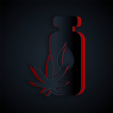 Kağıt kesiği Tıbbi marihuana veya kenevir yaprağı zeytinyağı damlası ikonu siyah arka planda izole edilmiş. Esrar özütü. Kenevir sembolü. Kağıt sanatı tarzı. Vektör İllüstrasyonu