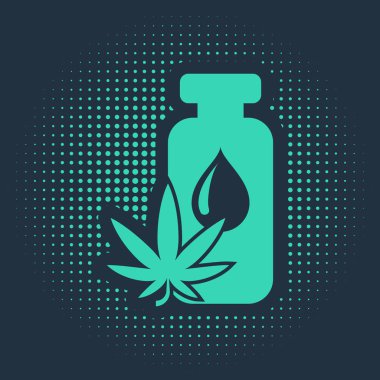 Yeşil Tıbbi marihuana veya kenevir yaprağı zeytinyağı damlası ikonu mavi arka planda izole edilmiş. Esrar özütü. Kenevir sembolü. Soyut çember rastgele noktalar. Vektör İllüstrasyonu