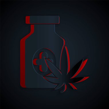 Siyah arka planda marihuana ya da kenevir yaprağı ikonu bulunan kağıt kesiği tıp şişesi. Kavanozlardaki kenevir yağı özlerini taklit et. Kağıt sanatı tarzı. Vektör İllüstrasyonu