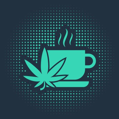 Esrarlı yeşil kupa çayı ya da mavi arka planda izole edilmiş kenevir yaprağı ikonu. Marihuanayı yasallaştırma. Kenevir sembolü. Soyut çember rastgele noktalar. Vektör İllüstrasyonu