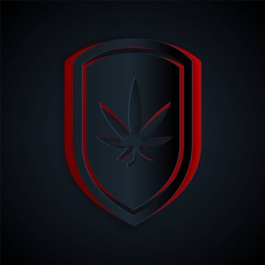 Kağıt kesiği Shield ve marijuana ya da siyah arka planda izole edilmiş kenevir yaprağı ikonu. Marihuanayı yasallaştırma. Kenevir sembolü. Kağıt sanatı tarzı. Vektör İllüstrasyonu