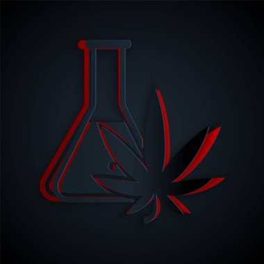 Kağıt, siyah arka planda marihuana ya da kenevir yaprağı ikonu ile kimyasal test tüpünü kesti. Araştırma konsepti. Laboratuvar Cbd yağı konsepti. Kağıt sanatı tarzı. Vektör İllüstrasyonu