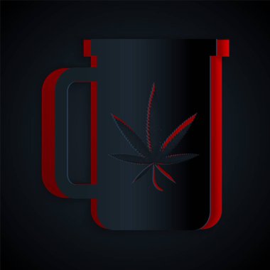 Siyah zemin üzerinde marihuana ya da kenevir yaprağı ikonu bulunan kağıt kesimi fincan çayı. Marihuanayı yasallaştırma. Kenevir sembolü. Kağıt sanatı tarzı. Vektör İllüstrasyonu