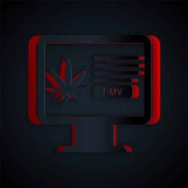 Kağıt kesiği bilgisayar monitörü ve tıbbi marihuana ya da kenevir yaprağı ikonu siyah arka planda izole edilmiş. İnternetten satın alma sembolü. Süpermarket sepeti. Kağıt sanatı tarzı. Vektör İllüstrasyonu