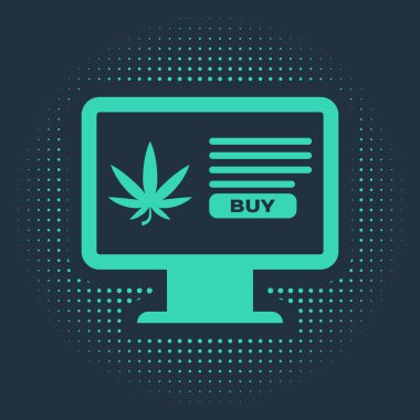 Yeşil Bilgisayar monitörü ve tıbbi marihuana veya kenevir yaprağı ikonu mavi arka planda izole edilmiş. İnternetten satın alma sembolü. Süpermarket sepeti. Soyut çember rastgele noktalar. Vektör İllüstrasyonu