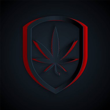 Kağıt kesiği Shield ve marijuana ya da siyah arka planda izole edilmiş kenevir yaprağı ikonu. Marihuanayı yasallaştırma. Kenevir sembolü. Kağıt sanatı tarzı. Vektör İllüstrasyonu
