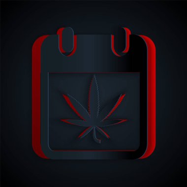 Kağıt kesiği Takvim ve marihuana veya siyah arkaplanda izole edilmiş kenevir yaprağı ikonu. Ulusal esrar günü. Kenevir sembolü. Kağıt sanatı tarzı. Vektör İllüstrasyonu