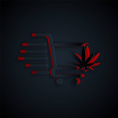 Siyah arka planda marihuana ya da kenevir yaprağı ikonu olan bir alışveriş arabası. İnternetten satın alma. Teslimat servisi. Süpermarket sepeti. Kağıt sanatı tarzı. Vektör İllüstrasyonu