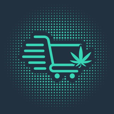 Mavi arka planda marihuana ya da kenevir yaprağı ikonu olan yeşil alışveriş arabası. İnternetten satın alma. Teslimat servisi. Süpermarket sepeti. Soyut çember rastgele noktalar. Vektör İllüstrasyonu