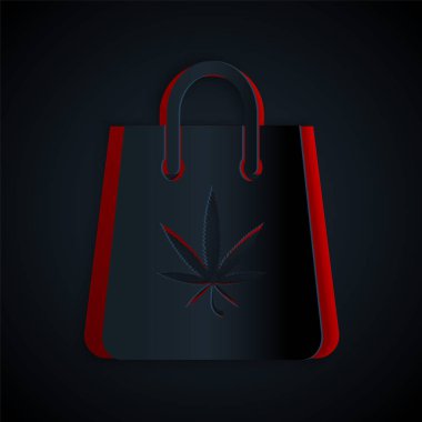 Kağıt kesiği, siyah arka planda izole edilmiş tıbbi marihuana veya kenevir yaprağı ikonu torbası. Kenevir almak. Kenevir sembolü. Kağıt sanatı tarzı. Vektör İllüstrasyonu