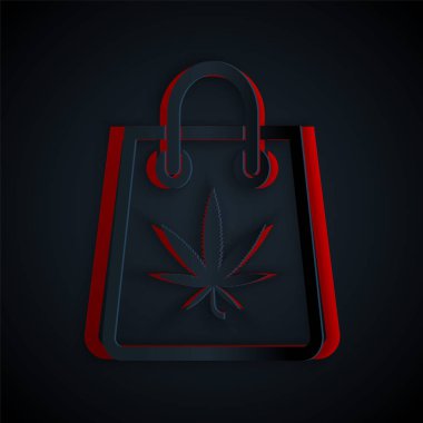 Kağıt kesiği, siyah arka planda izole edilmiş tıbbi marihuana veya kenevir yaprağı ikonu torbası. Kenevir almak. Kenevir sembolü. Kağıt sanatı tarzı. Vektör İllüstrasyonu