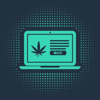 Mavi arka planda yeşil dizüstü bilgisayar ve tıbbi marihuana veya kenevir yaprağı ikonu var. İnternetten satın alma sembolü. Süpermarket sepeti. Soyut çember rastgele noktalar. Vektör İllüstrasyonu