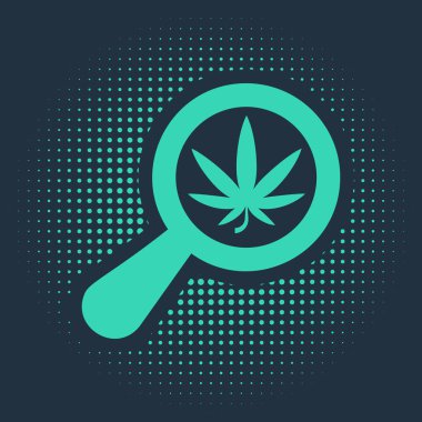 Mavi arka planda yeşil büyüteç ve tıbbi marihuana veya kenevir yaprağı ikonu var. Kenevir sembolü. Soyut çember rastgele noktalar. Vektör İllüstrasyonu