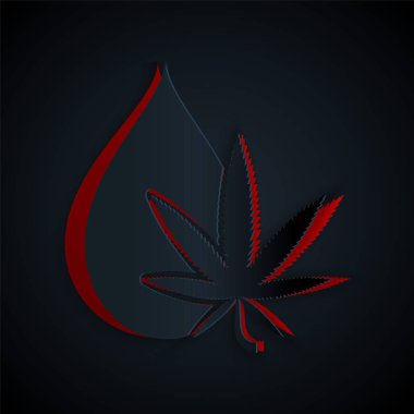 Kağıt kesiği Tıbbi marihuana veya kenevir yaprağı zeytinyağı damlası ikonu siyah arka planda izole edilmiş. Esrar özütü. Kenevir sembolü. Kağıt sanatı tarzı. Vektör İllüstrasyonu