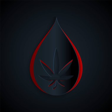 Kağıt kesiği Tıbbi marihuana veya kenevir yaprağı zeytinyağı damlası ikonu siyah arka planda izole edilmiş. Esrar özütü. Kenevir sembolü. Kağıt sanatı tarzı. Vektör İllüstrasyonu