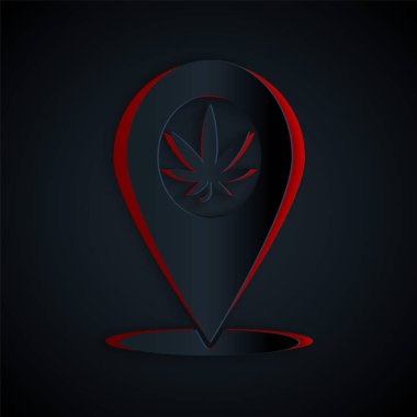 Kağıt kesiği Harita göstergesi ve marihuana ya da kenevir yaprağı ikonu siyah arkaplanda izole edilmiş. Kenevir sembolü. Kağıt sanatı tarzı. Vektör İllüstrasyonu