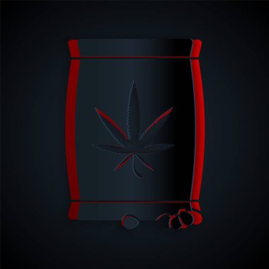 Kağıt, siyah arka planda izole edilmiş bir torba ikonunda marihuana veya kenevir tohumu keser. Kenevir sembolü. Marihuana ekme süreci. Kağıt sanatı tarzı. Vektör İllüstrasyonu
