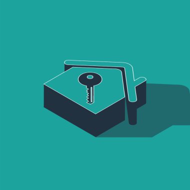 Yeşil arka planda anahtar simgesi olan Isometric House. Ev anahtarının konsepti. Vektör İllüstrasyonu