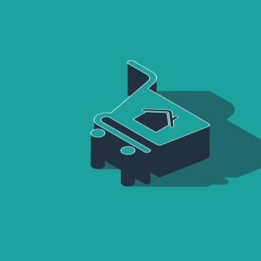 Yeşil arka planda ev ikonu olan Isometric alışveriş arabası. Ev konsepti al. Ev kredisi konsepti, kira, mülk satın alma. Vektör İllüstrasyonu