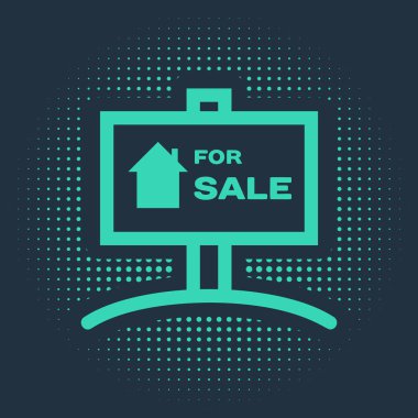 Mavi arka planda satılık simgesiyle yeşil asılma işareti. Satılık mesajlı pano. Soyut çember rastgele noktalar. Vektör İllüstrasyonu