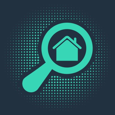 Yeşil Arama Evi simgesi mavi arkaplanda izole edildi. Büyüteç altındaki bir evin emlak sembolü. Soyut çember rastgele noktalar. Vektör İllüstrasyonu