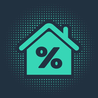 Mavi arka planda özel indirimli etiket simgesine sahip sera evi. Evin yüzdesi tabela fiyatı. Emlak evi. Kredi yüzdesi sembolü. Soyut çember rastgele noktalar. Vektör İllüstrasyonu