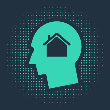 Yeşil Adam mavi arka planda izole edilmiş yeni bir ev ikonu almayı hayal ediyor. Soyut çember rastgele noktalar. Vektör İllüstrasyonu