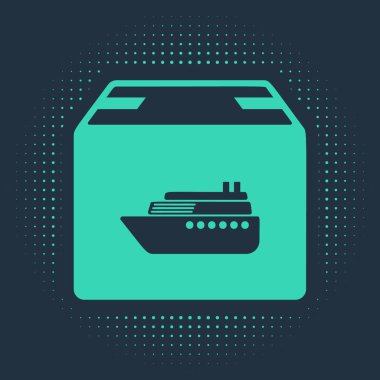 Mavi arka planda kutucuk servis ikonu olan yeşil kargo gemisi. Teslimat, ulaşım. Paketleri, kutuları, malları olan bir şilep. Soyut çember rastgele noktalar. Vektör İllüstrasyonu