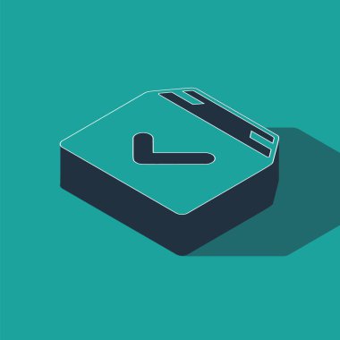 Yeşil arkaplanda işaretleme simgesine sahip Isometric Paket kutusu. İşaretli paket kutusu. Onaylanmış teslimat veya başarılı paket makbuzu. Vektör İllüstrasyonu