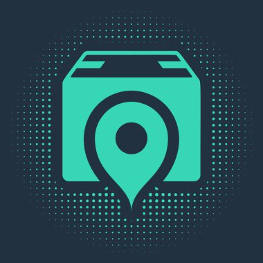 Mavi arkaplanda karton kutu simgesine sahip yeşil konum. Teslimat hizmetleri, lojistik ve ulaşım, yer değiştirme, dağıtım. Soyut çember rastgele noktalar. Vektör İllüstrasyonu