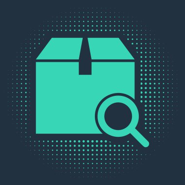 Yeşil Arama paket simgesi mavi arkaplanda izole edildi. Paket izleme sembolü. Büyüteç ve karton kutu. Lojistik ve teslimat. Soyut çember rastgele noktalar. Vektör İllüstrasyonu