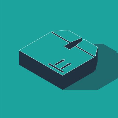 Yeşil zemin üzerinde trafik sembolü simgesi olan Isometric Karton kutu. Kutu, paket, paket işareti. Teslimat, ulaşım ve nakliye. Vektör İllüstrasyonu