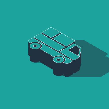 Yeşil arka planda izole edilmiş ikonun arkasında karton kutular olan Isometric Teslimat kamyonu. Vektör İllüstrasyonu