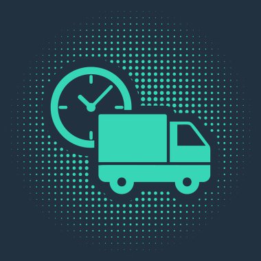 Yeşil Lojistik dağıtım kamyonu ve saat simgesi mavi arka planda izole edildi. Teslimat zamanı ikonu. Soyut çember rastgele noktalar. Vektör İllüstrasyonu