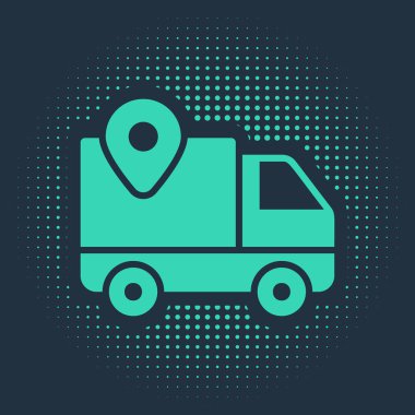 Yeşil Teslimat izleme simgesi mavi arkaplanda izole edildi. Paket takibi. Soyut çember rastgele noktalar. Vektör İllüstrasyonu