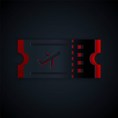 Kağıt kesiği uçak bileti ikonu siyah arka planda izole edildi. Uçak bileti. Kağıt sanatı tarzı. Vektör İllüstrasyonu