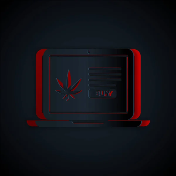 Papel Cortado Laptop Marihuana Medicinal Icono Hoja Cannabis Aislado Sobre — Archivo Imágenes Vectoriales