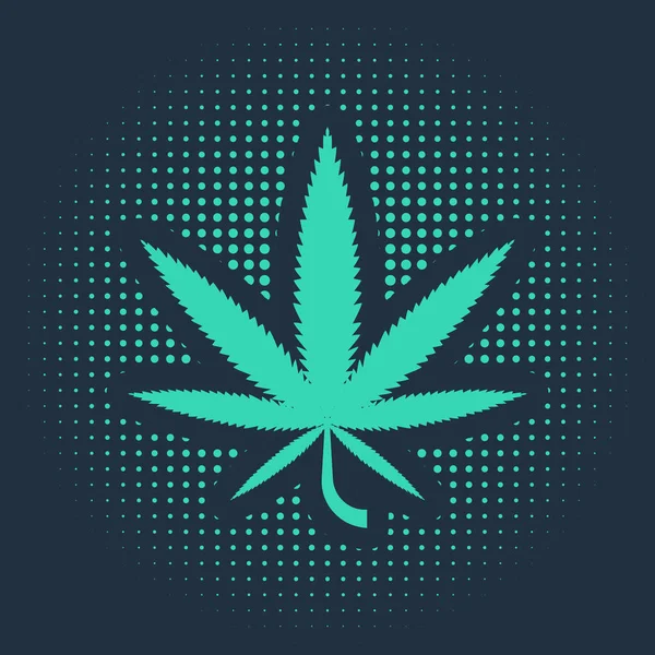 緑の医療マリファナまたは大麻の葉のアイコンは青の背景に隔離されています ヘンプ記号 抽象円のランダムなドット ベクターイラスト — ストックベクタ