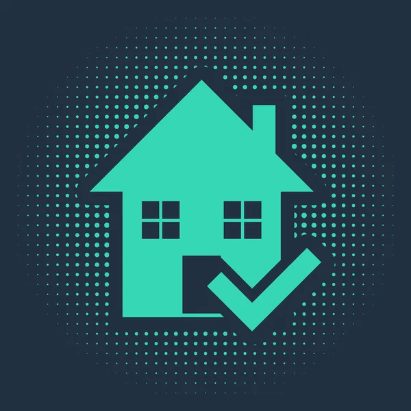 Casa Verde Con Icono Marca Verificación Aislado Sobre Fondo Azul — Vector de stock